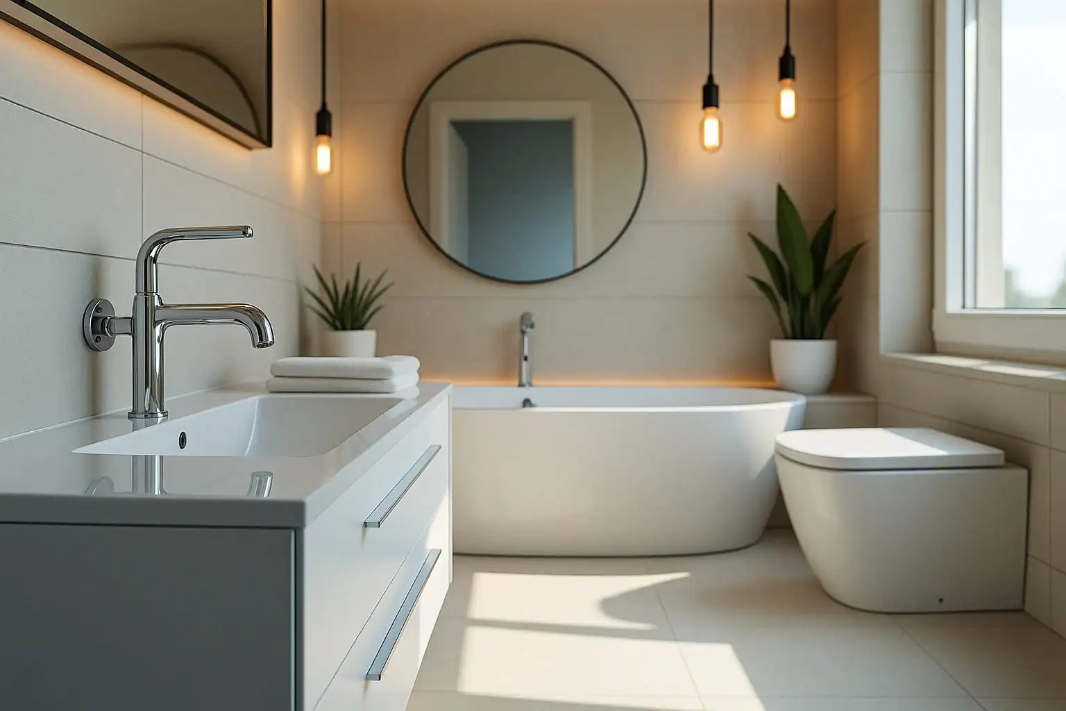 Une salle de bain avec une baignoire en fond, un lavabo au premier plan.
